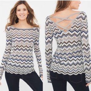 White House Black Market ZigZag Cross-Back White, Blue, Gray Sweater in Medium